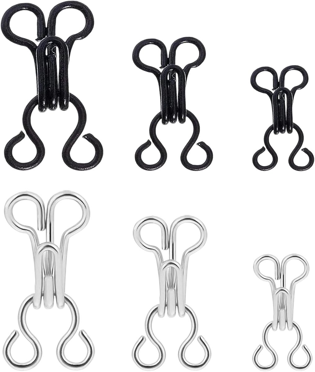 Sewing Hooks en Ogen Set, 12 Paar, 3 Maten, Ideaal voor Ondergoed, Beha's en Jurken, Zwart en Zilver