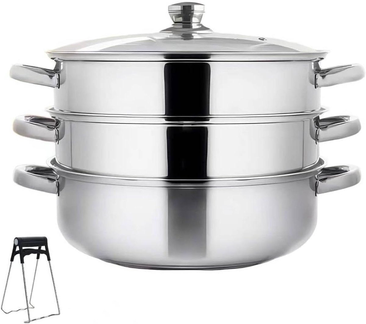Stoompan Roestvrijstaal - Drie Laags Stomer - Gezond Koken - Drie Stoominzetstukken - 28 cm - Zilver