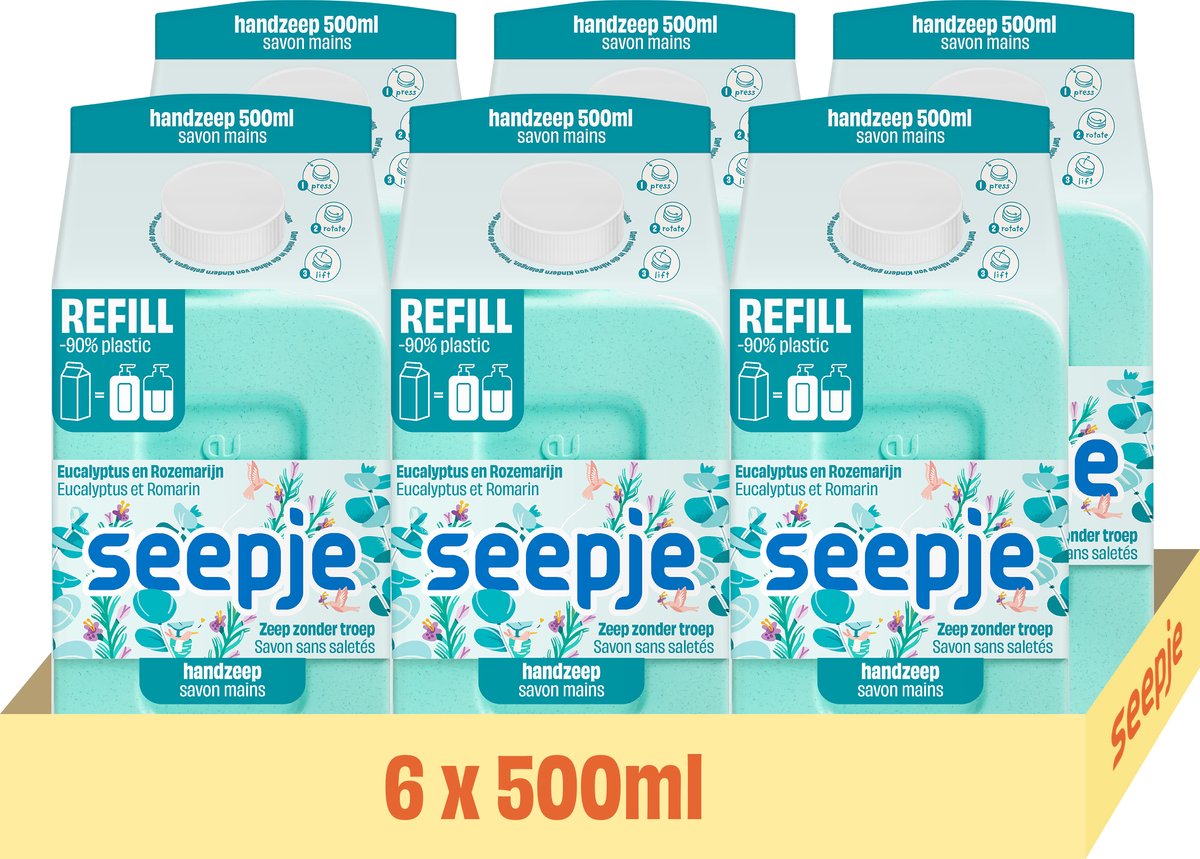 Seepje Handzeep Refill Pak Eucalyptus met Rozemarijn - 6 x 500 ml - Voordeelverpakking