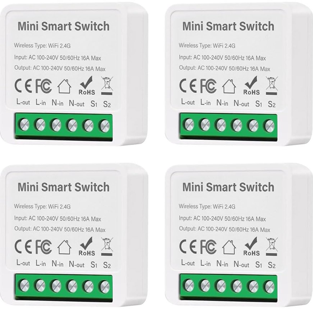 SnelShoppen - Smart Lichtschakelaar-Module, Mini Wifi Slimme Schakelaar, Compatibel met Tuya App, Alexa en Google Home, Met Neutrale Geleider, 4 Stuks
