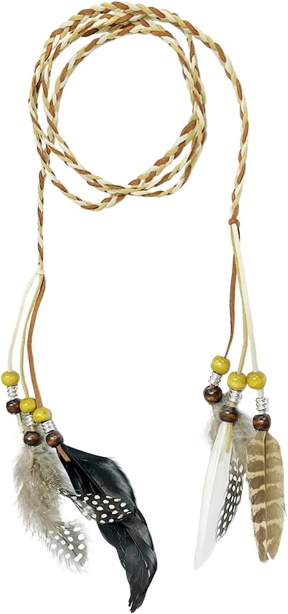 SnelShoppen - 1 stuk Indiase stijl veren hoofdband, vintage en bohemien, voor Halloween, carnaval en kostuumfeesten, khaki, ongeveer 150 cm lang