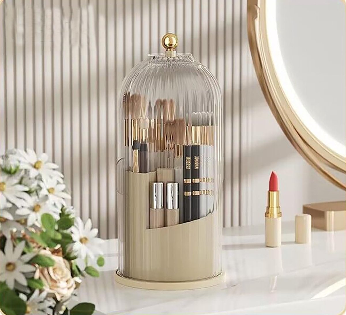 SnelShoppen - Makeup Kwasten Houder met Deksel, Draaiende Organizer voor Make-up Kwasten, Transparante Acryl, 3-Vaks Opbergdoos voor Vaniteit