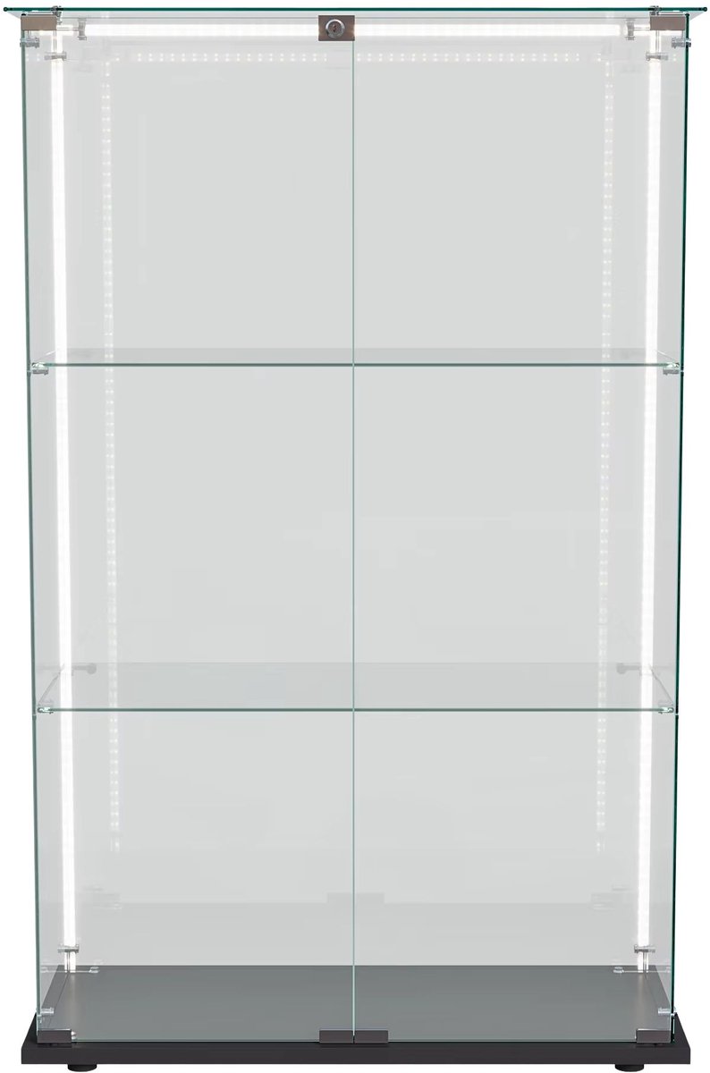 Glazen Vitrinekast 123x78 cm Zwart - Displaykast met LED Verlichting, Slot, Glazen Planken