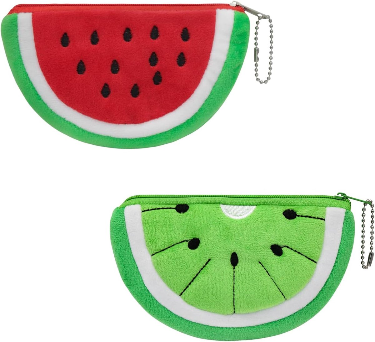 SnelShoppen - 2 x Vrouwen Mini Portemonnees Cartoon Watermeloen Vorm Pluche Schattige Ritssluiting Sleutelhanger voor Vrouwen Meisjes Rood Groen