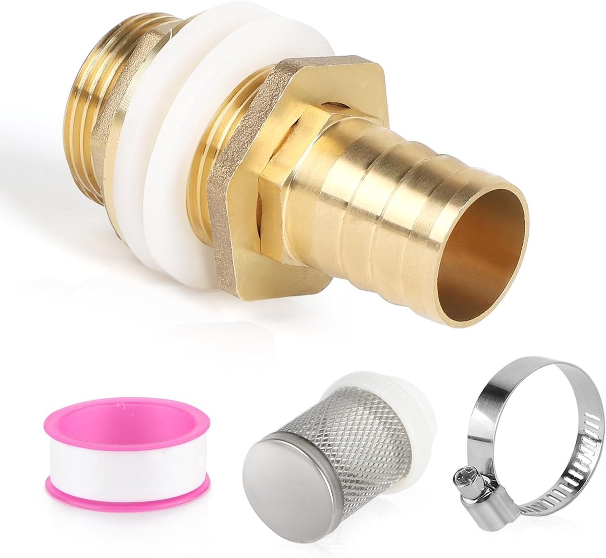 Tankdoorvoer 3/4 Inch IG 1 Inch AG met Slangdoorvoer, Regenwaterverbinding voor Regenwatertank met Filter en Schroefverbinding, Messing, Duurzaam en Betrouwbaar