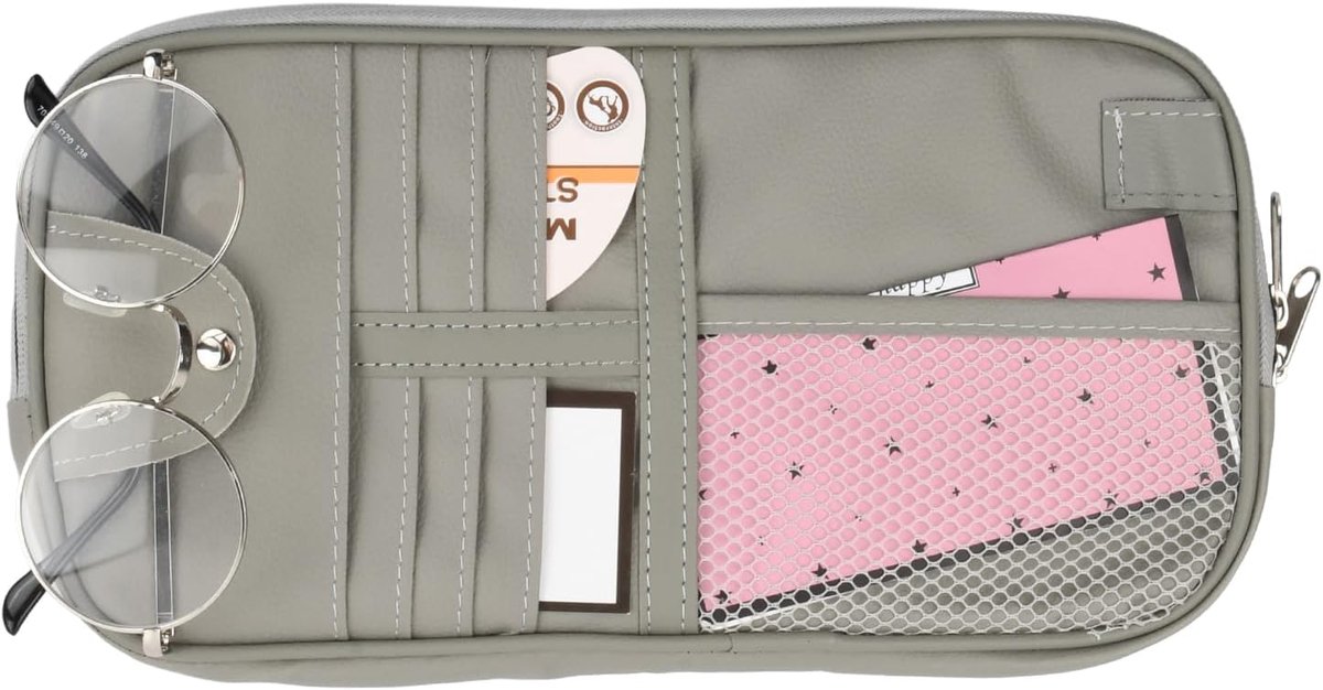 SnelShoppen - Auto Zonnevisorgemonteerde Organizer - Lederen Opbergcase voor Rijbewijs, Telefoon, Pennen, Zonnebril, 10 Vakken - Grijs