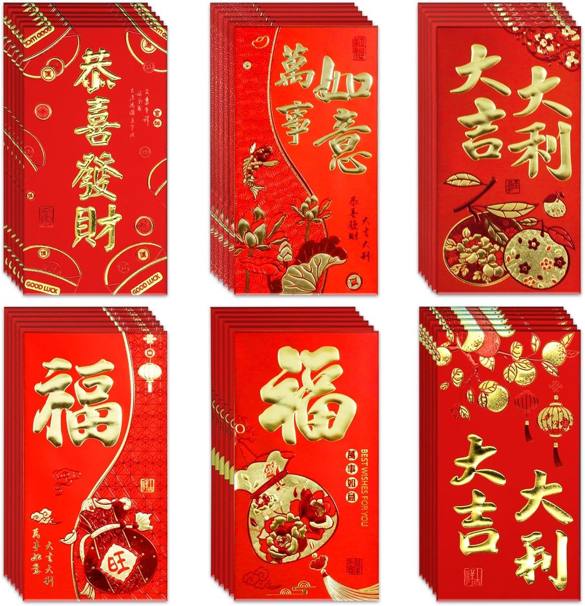 SnelShoppen - 36 Stuks Chinese Nieuwjaar Rode Enveloppen, Geluksrode Hong Bao Geld Enveloppen met Gouden Motief voor Cash, Voorjaarsfestival, Feesteli
