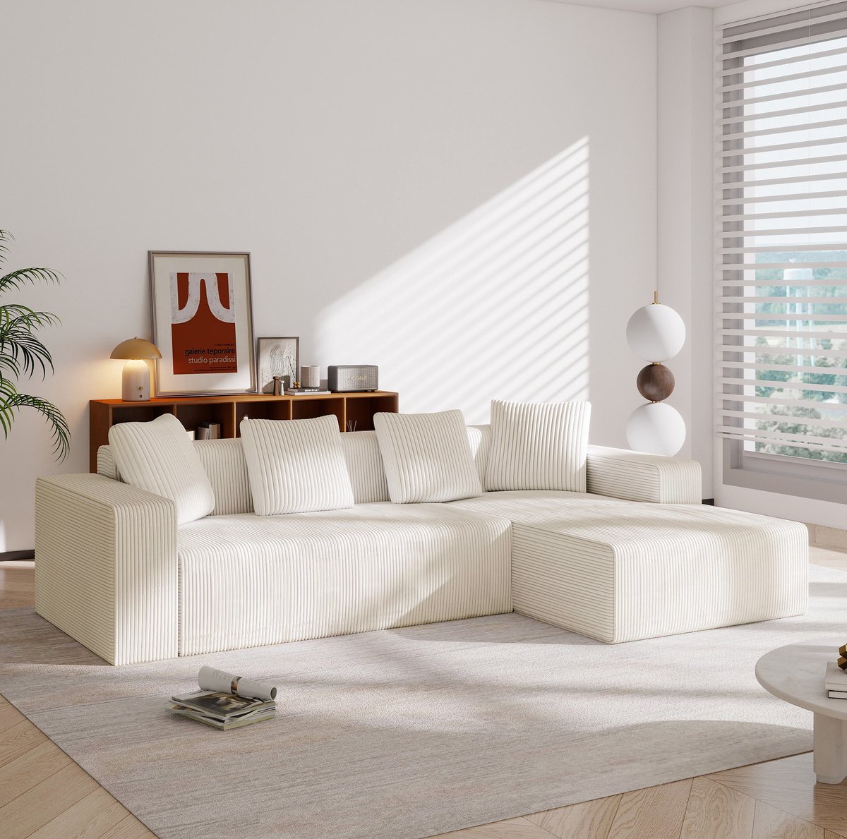 MEUNIQ Hoekbank wit, modulair L-vormig bankstel met chaise longue rechts, diepe zit, 4 kussens, 261 x 146 x 65 cm, woonkamer