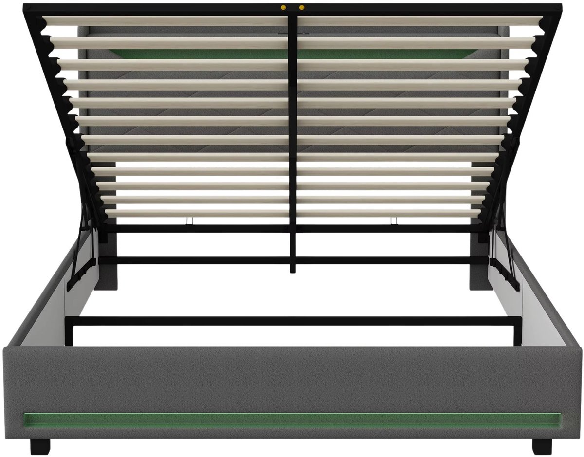 Opbergbed 140x200 cm Grijs - met LED Verlichting, Opbergruimte, Lattenbodem, Oplaadstation
