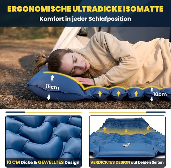 Zelfopblazende Slaapmat - Campingluchtmat - Outdoor slapen - Geïntegreerde voetpomp - 10 cm dik - Donkerblauw — afbeelding 5
