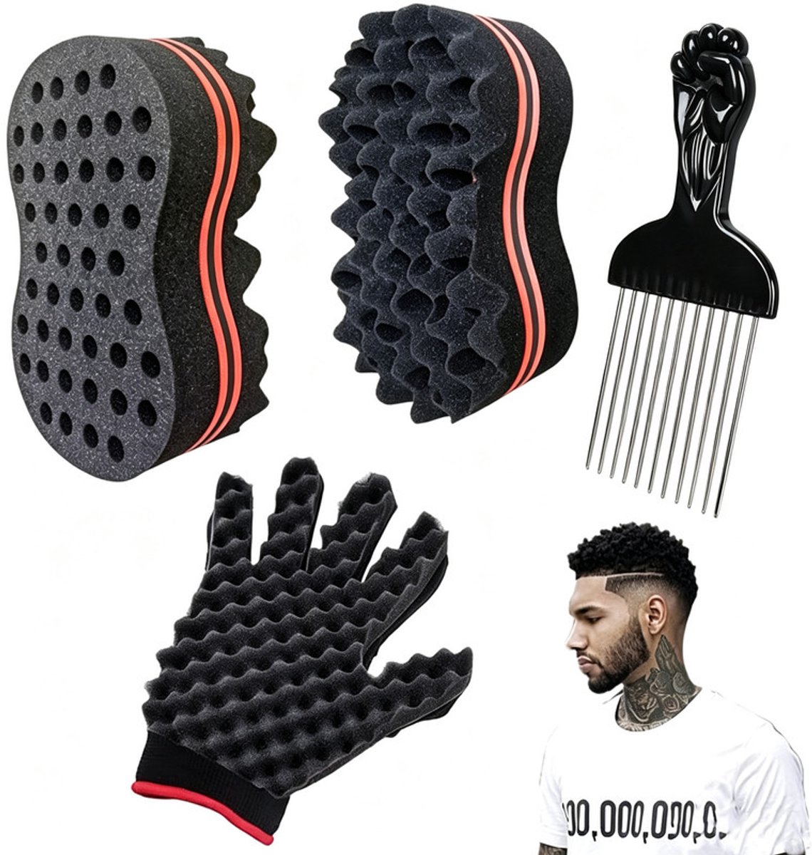 4stuks - Afro Twist Hair Sponge - Spons in dreadlockstijl - Afro kam - Haar twister - Afro comb set - Sponsborstel geschikt voor natuurlijke dreadlocks, Afrikaanse krullen, golven en twists