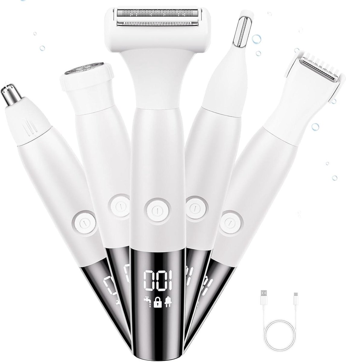 Elektrische Vrouwen Trimmer - Gezichtsverzorger Body - Huidverzorging Lichaam - 5-in-1 Opzetstukken - IPX7 Waterdicht - Wit