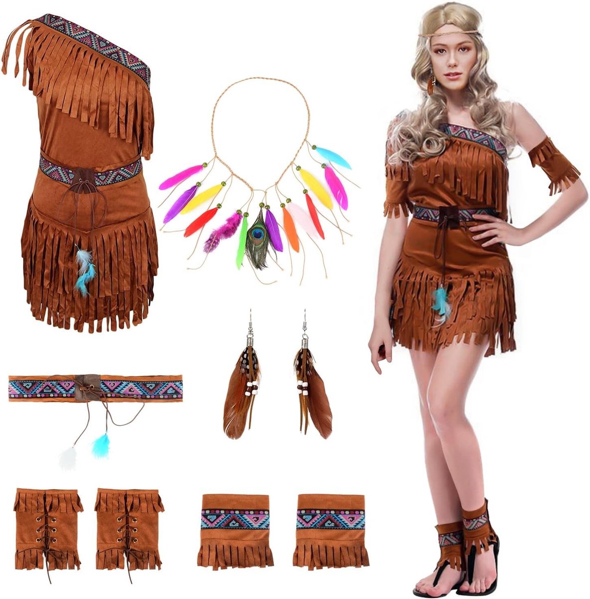 Vrouwelijk Indiaans Kostuum met Veer Hoofdband, Armband en Voetenzak voor Carnaval en Cosplay