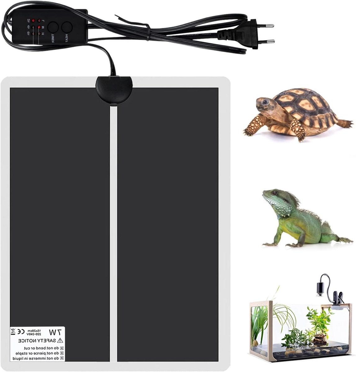 Verwarmingsmat Reptielen - Terrarium Warmte - Dieren Welzijn - Temperatuurregeling Drie Snelheden - 28 x 15 cm - Zwart