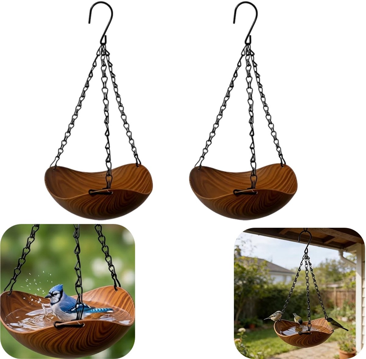 2 stuks vogelkast - voederbak voor vogels - vogelbad - hangende voederbak voor vogels - met ijzeren ketting - afneembaar - herbruikbaar - huisdecoratie - geschikt voor balkon, tuin, buiten (bruin, 40*21cm)