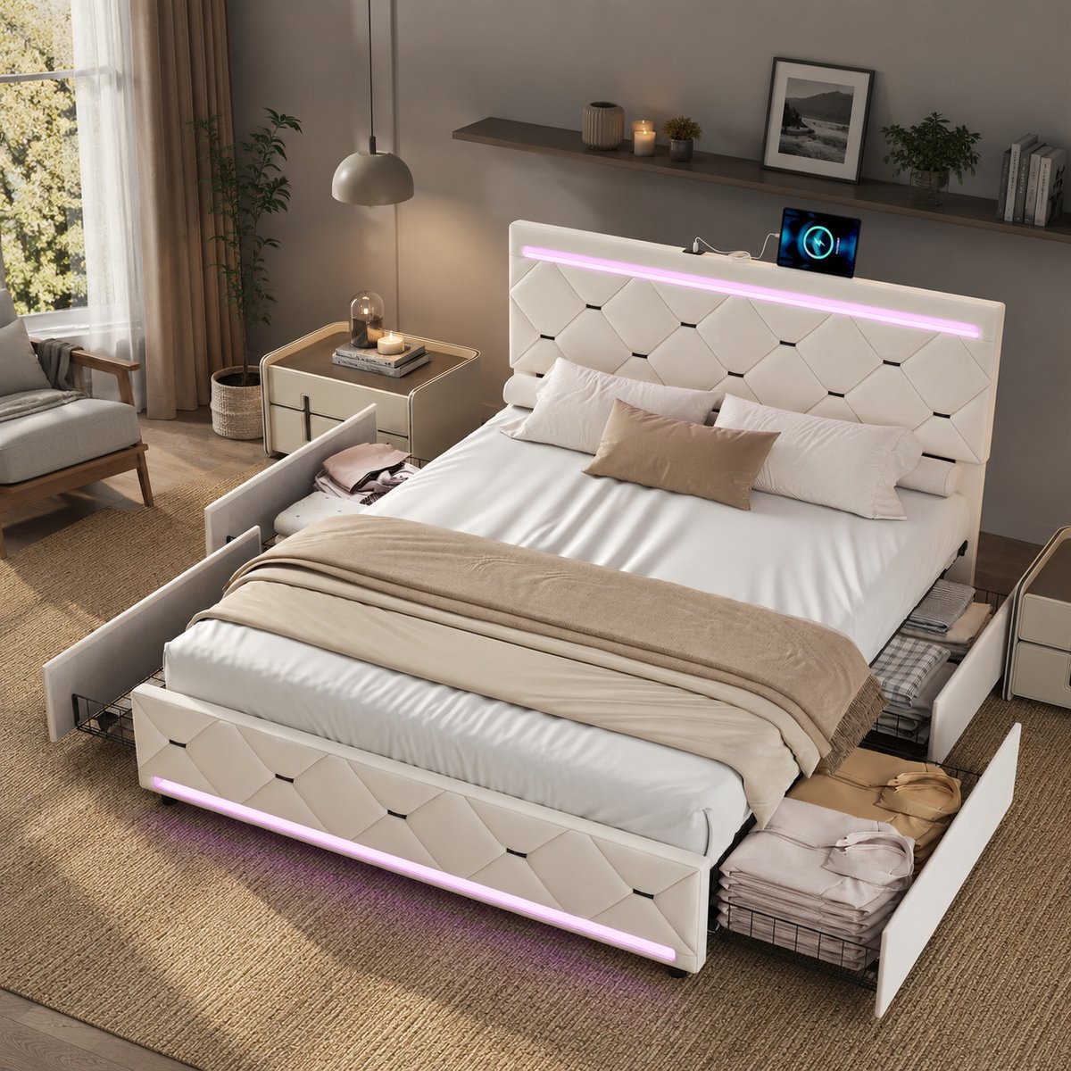 Tweepersoonsbed 140x200 cm met 4 lades , LED-hoofdbord met opbergvak en 2 USB-poorten, bedframe met lattenbodem, gestoffeerd bed, bed voor tieners, Fluweel Beige