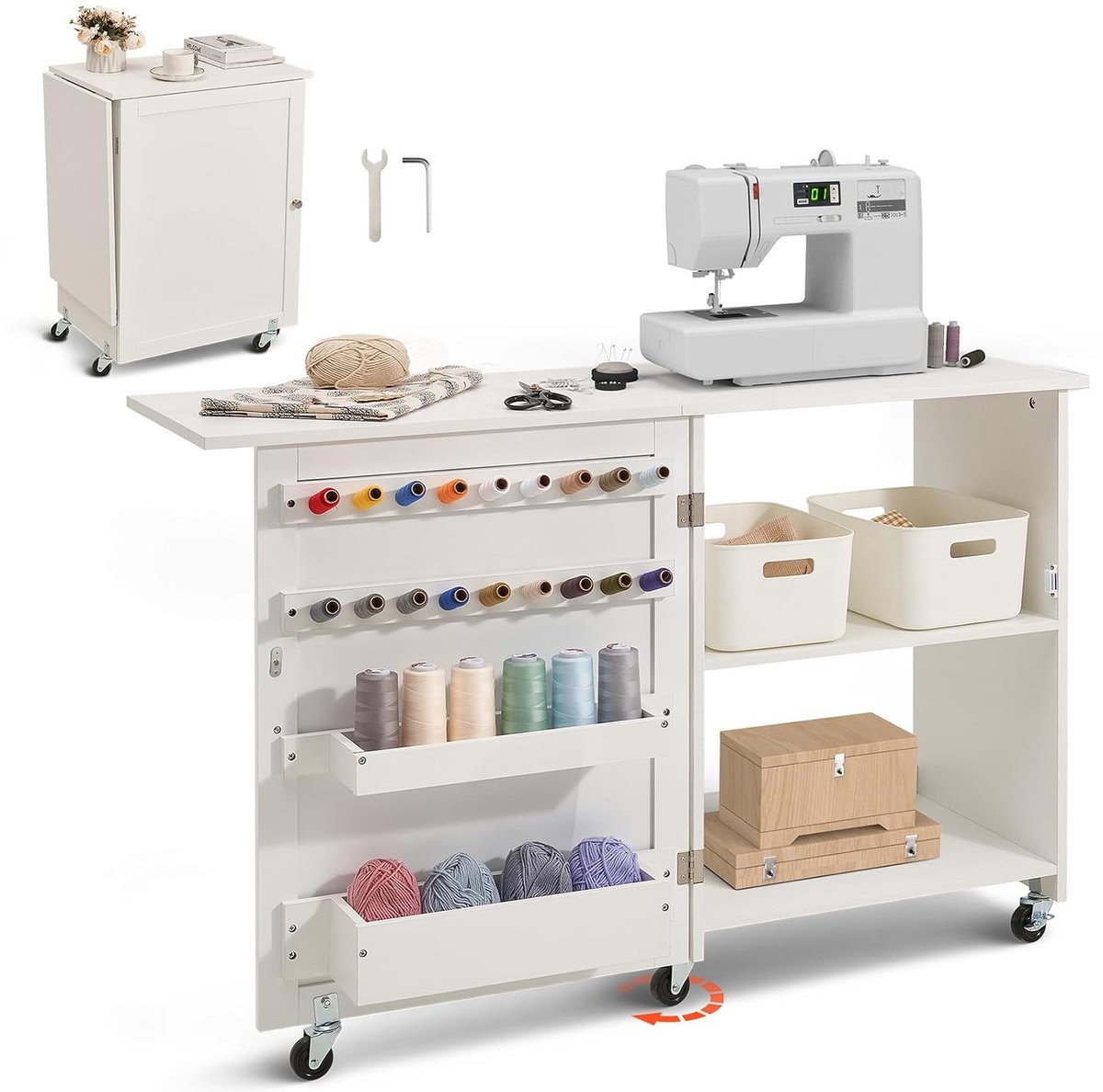 CINK & Co Naaimachinetafel 40 kg - Inklapbaar en Verrijdbaar - Met 2 Vakken, 2 Legplanken en 20 Houten Pennen - Wit - 117 x 40 x 77,8 cm