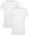Twee witte T-shirts met ronde hals, op de voorgrond een t-shirt, op de achtergrond een t-shirt.