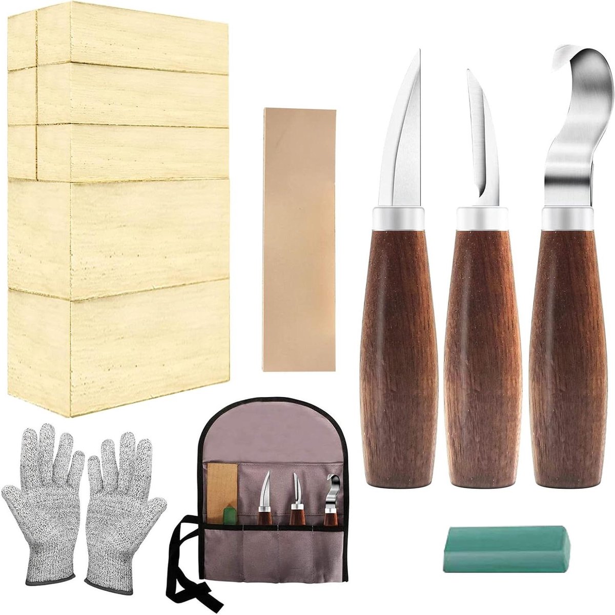 Houtsnijwerk Set - Houtbewerkingsgereedschap - Hout Bewerken - Inclusief Beschermhandschoenen - 8 Blokken - Walnoot