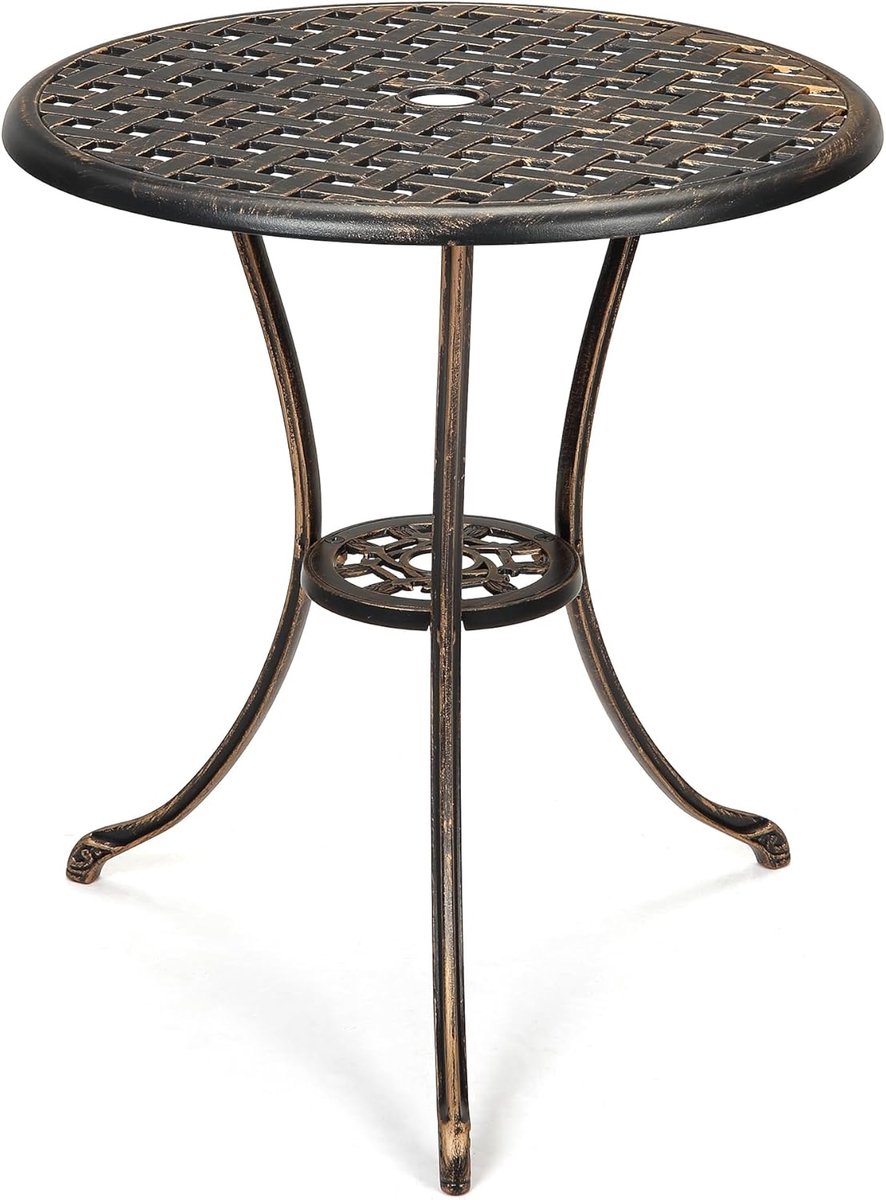 Ronde Aluminium Bistrotafel Ø 60 cm - Tuintafel met Parasolgat - Roestvrij & Weersbestendig - Antiek Brons / Koper - Voor Balkon en Terras