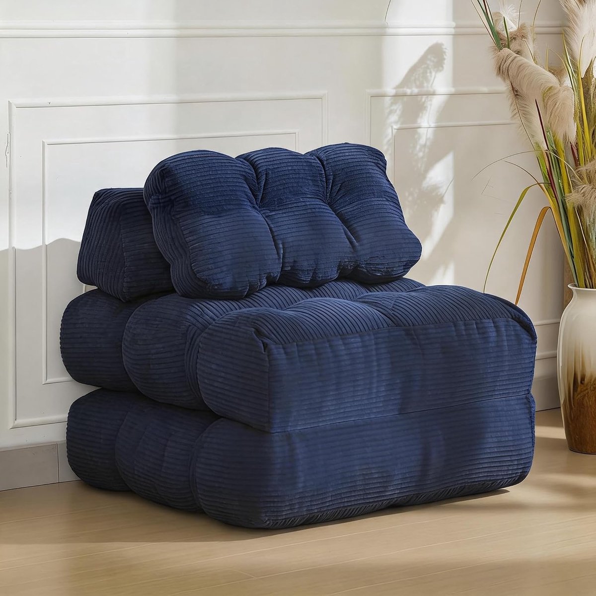 3-in-1 Slaapbank & Opvouwbare Fauteuil - Comfortabele Loungestoel met Kussen - Luxe Ribstof (Corduroy) - Wasbare Hoes - Ruimtebesparend Logeerbed - Grijs