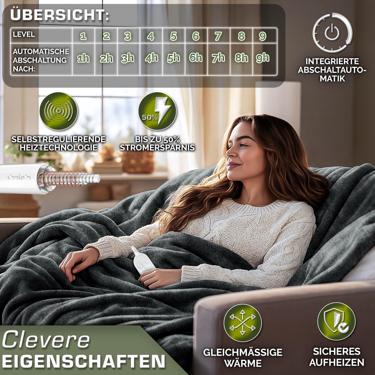 SnelShoppen - Warmtedeken Pluche 180 x 130 cm Grijs | Elektrische Deken met Automatische Uitschakeling | Woondeken met Timerfunctie en 9 Temperatuurst