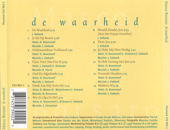 Achterkant van de albumhoes 'De Waarheid' van Marco Borsato met tracklist.