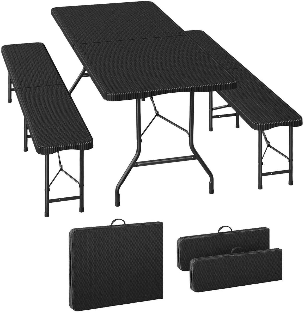 CORE Biertafelset 3-Delig - Opvouwbare Tuintafel met 2 Banken - Draagbare Tuinmeubelset - Stevige Picknicktafel voor Buiten - Weerbestendige Tafel- en Bankenset voor Tuin, Terras, Camping, Barbecue, Feest en Evenement - Zwart