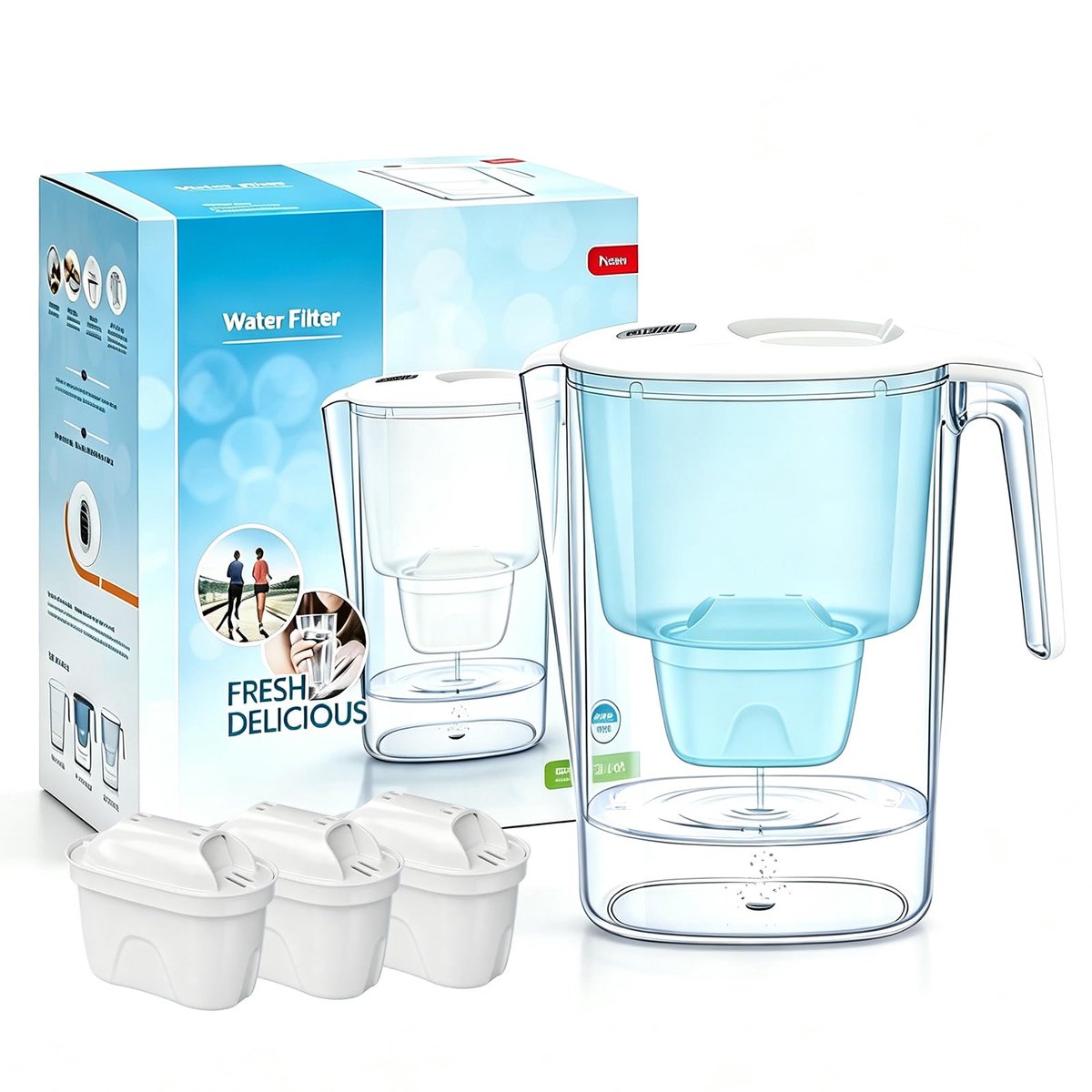 SnelShoppen - 3,6 l waterfilterkaraf met 3 filters, vermindert fluoride en chloor, NSF-gecertificeerd, BPA-vrij, actieve kool en ionenwisselaars, scha