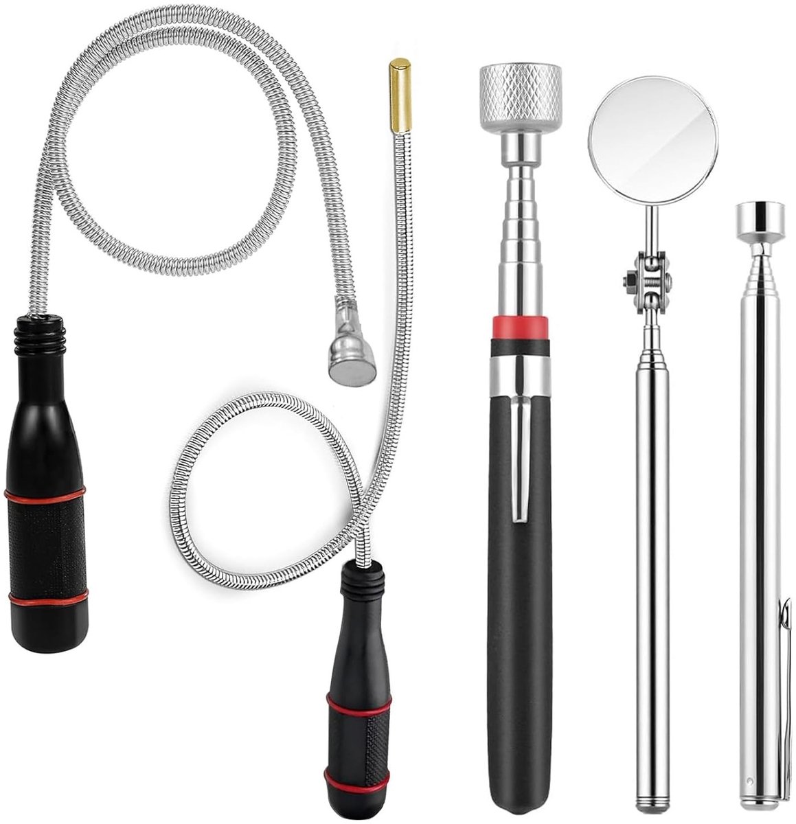 Flexibele Telescopische Magnetische Stok Set met Ronde Spiegel - 5 Stuks voor Werkplaats, DIY en Metaalonderdelen - 1.5/3/3.5/15 LB Belastbaarheid