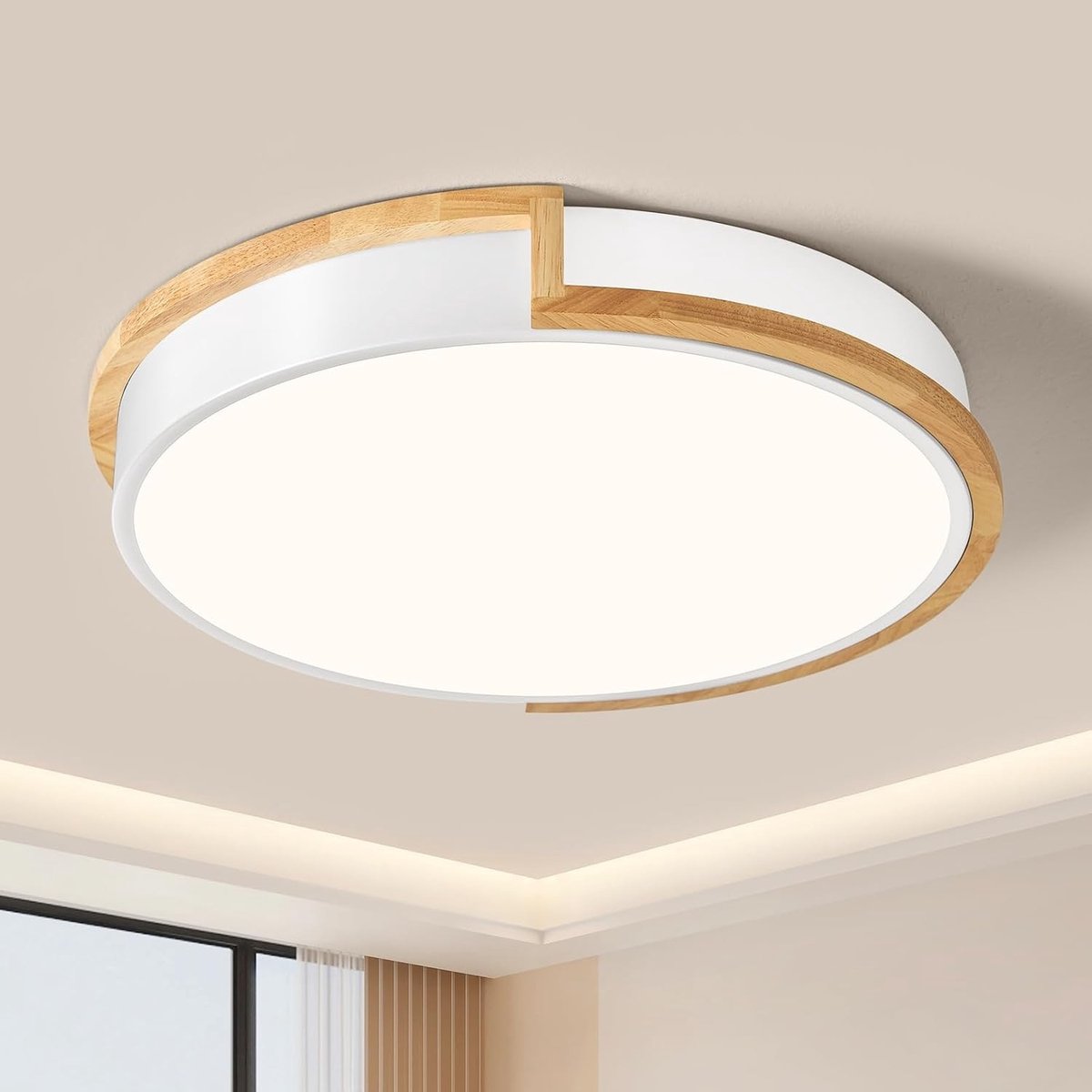 Plafondlamp - Wit - 40 x 40 x 6 cm - Met Houten Elementen - Voor Slaapkamer, Woonkamer, Keuken, Hal en Eetkamer
