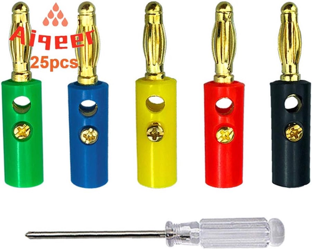 SnelShoppen - 25 Stuks 4mm Banana Plug Gold Plated Solderloze Banana Connector Adapter voor Luidspreker, Audio/Video Receiver, Kleurcodering (Rood, Ge