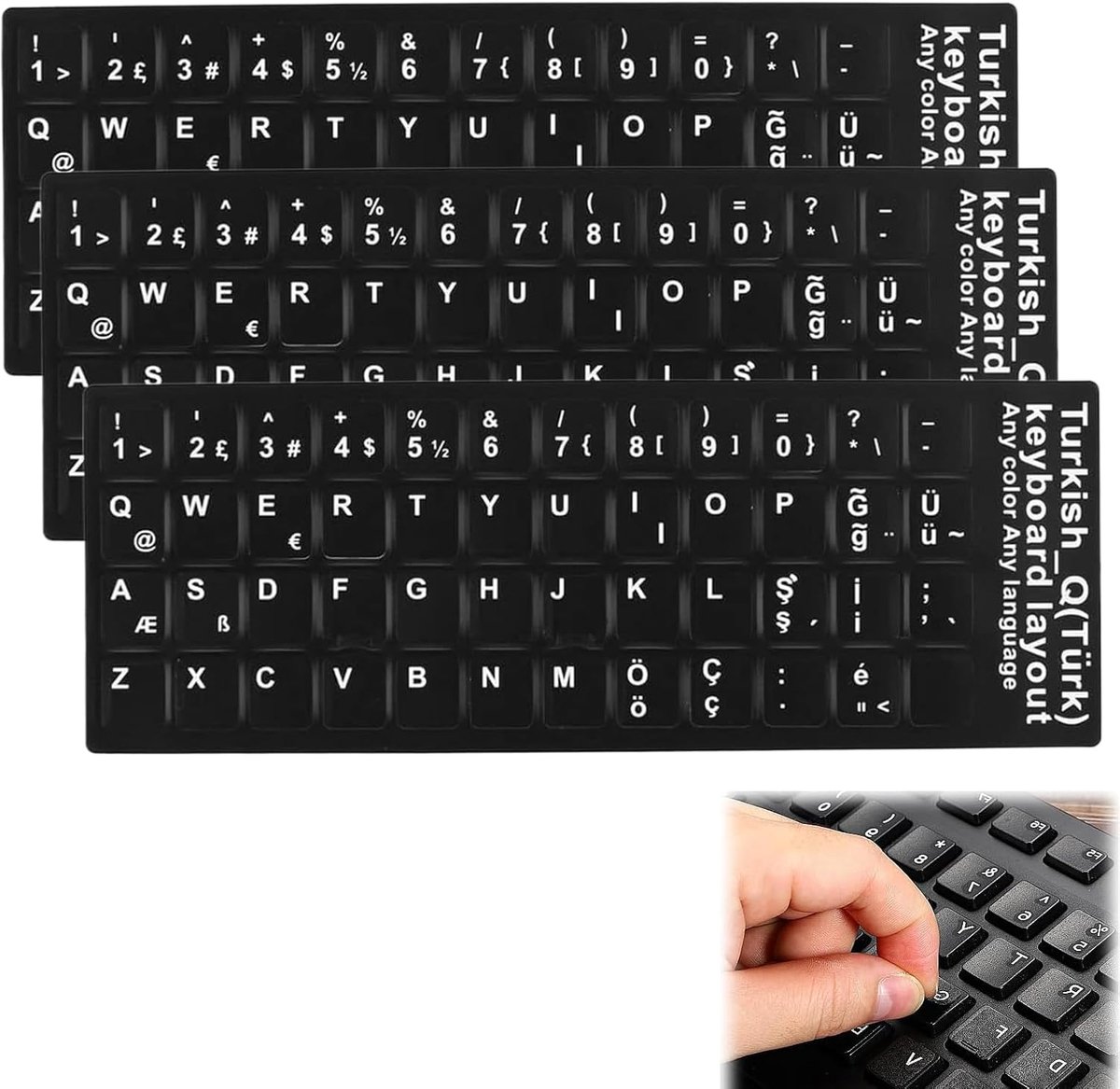 SnelShoppen - Turkse Toetsenbord Stickers voor PC/Laptop en Notebook, 11 x 13 mm, Transparant met Beschermende Matte Verf, Duidelijke Letters, 3 Stuks