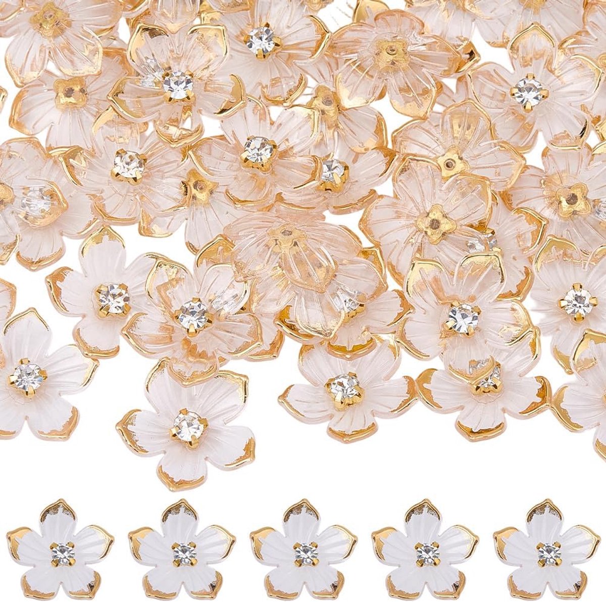 SnelShoppen - Transparante Bloem Kralen Hars Cabochon 50 Stuks Gouden Metaal Omlijnd 5 Bloemblaadjes Kersenbloesem Scrapbooking Telefoonboek Haar Clip