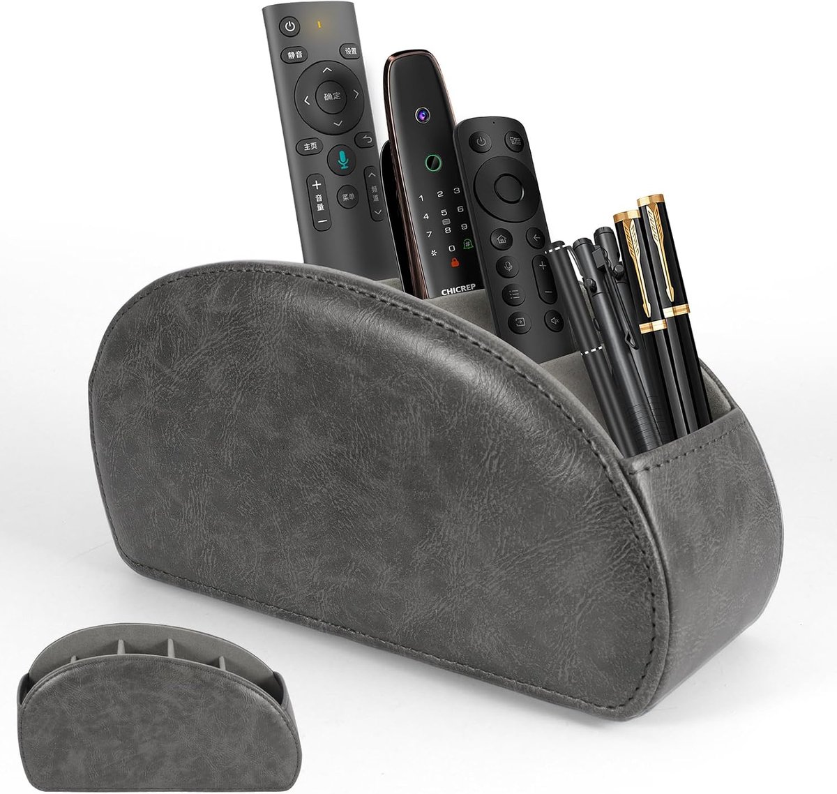SnelShoppen - Afstandsbedieningsbox Lederen Organizer met 5 Vakken voor Afstandsbedieningen, Make-up en Pennen, Bureau-opbergdoos 22x13x7,5 cm Grijs