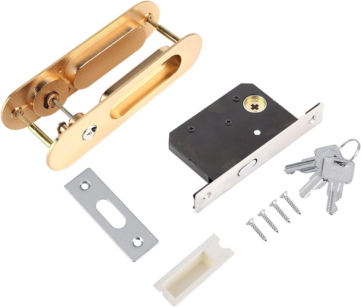 SnelShoppen - Aluminium Glijdende Deurslot met 3 Gouden Sleutels voor Badkamer, Kast, Keuken en Balkon - Corrosiebestendig, Geschikt voor Links en Rec