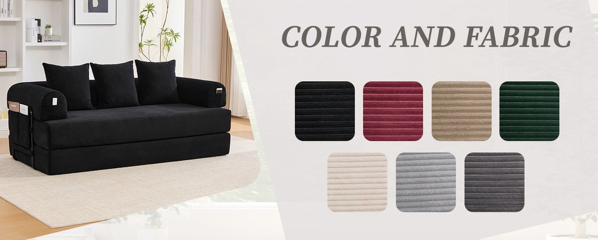 MIVRAY Slaapbank 200 X 94 X 67 Cm - Modulair Opvouwbaar Met Opbergtas En 3 Kussens - Voor Woonkamer En Kleine Ruimtes - Corduroy Zwart