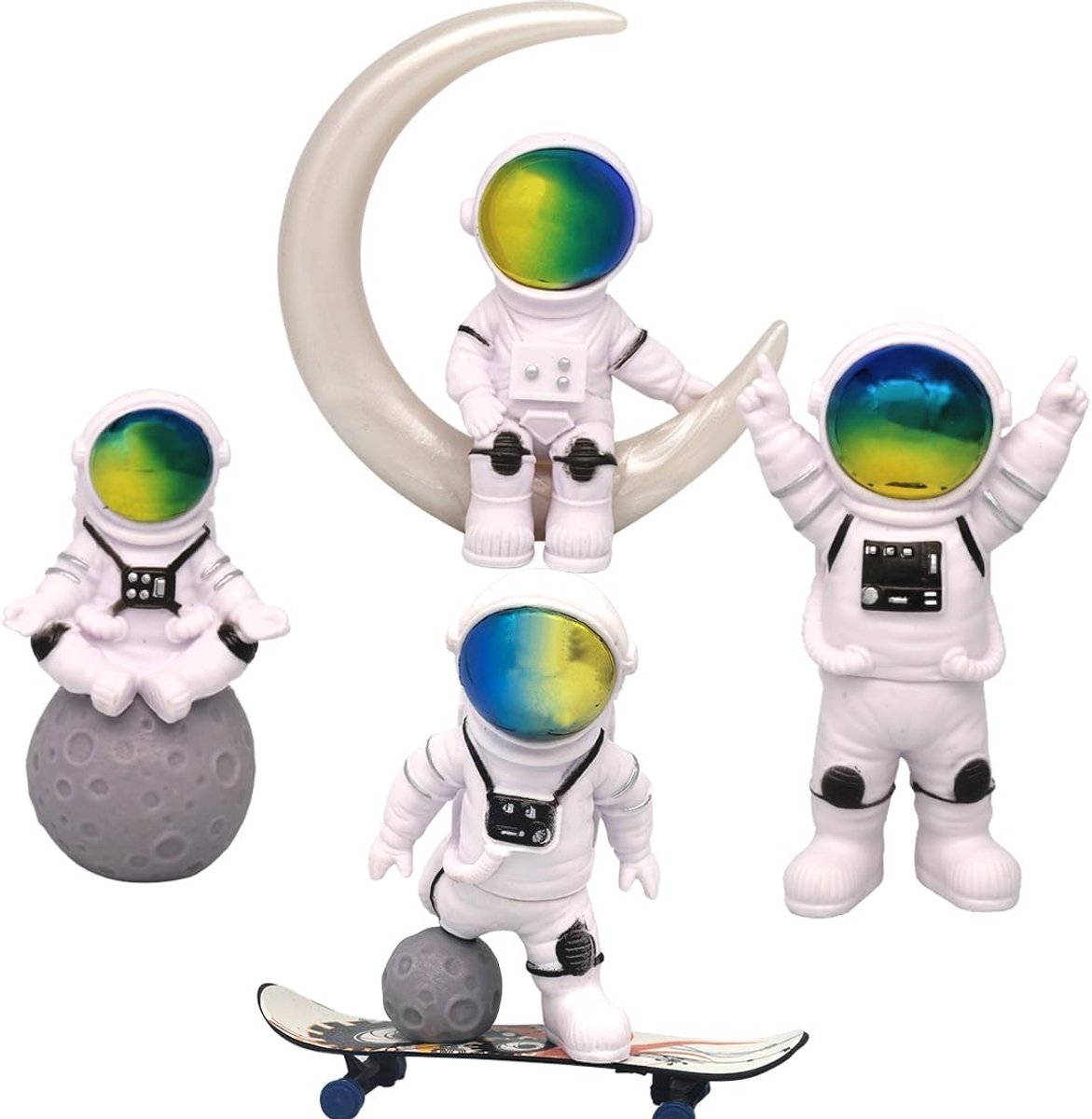 SnelShoppen - Astronaut Figuren Set van 4, Ruimte Ornamenten voor Verjaardagsdecoratie, Schattige Ruimtefiguren met Mini Skateboard voor Tafel, Slaapk