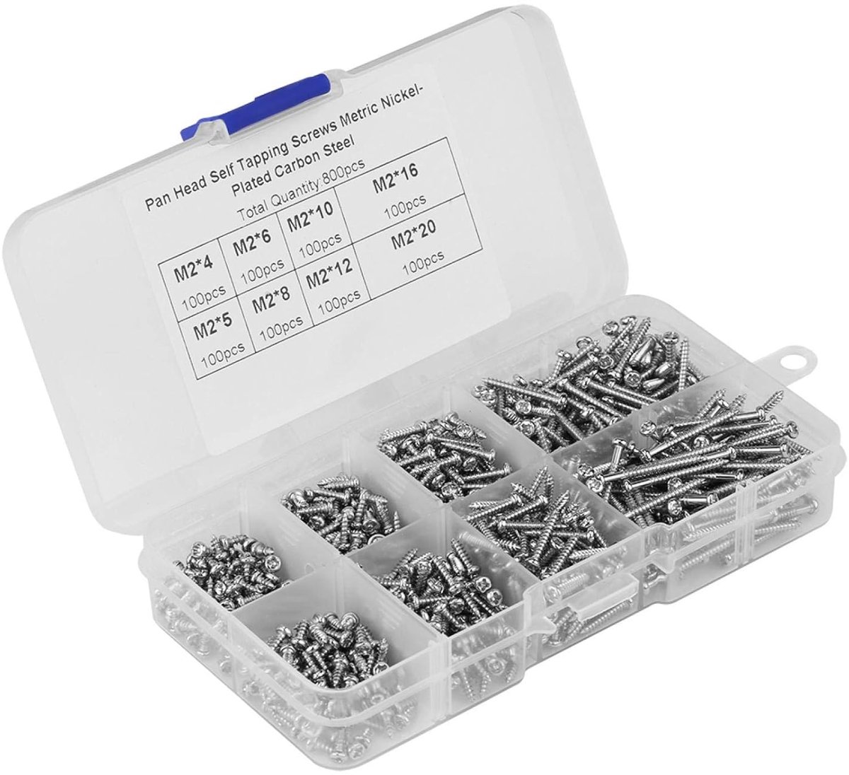 SnelShoppen - 800 Stuks Zelftappende Schroeven Met Kruiskop, Panhead, Zelfborende Schroeven M2, Assortiment Doos Met Plastic Case, Roestvrij Staal, Du