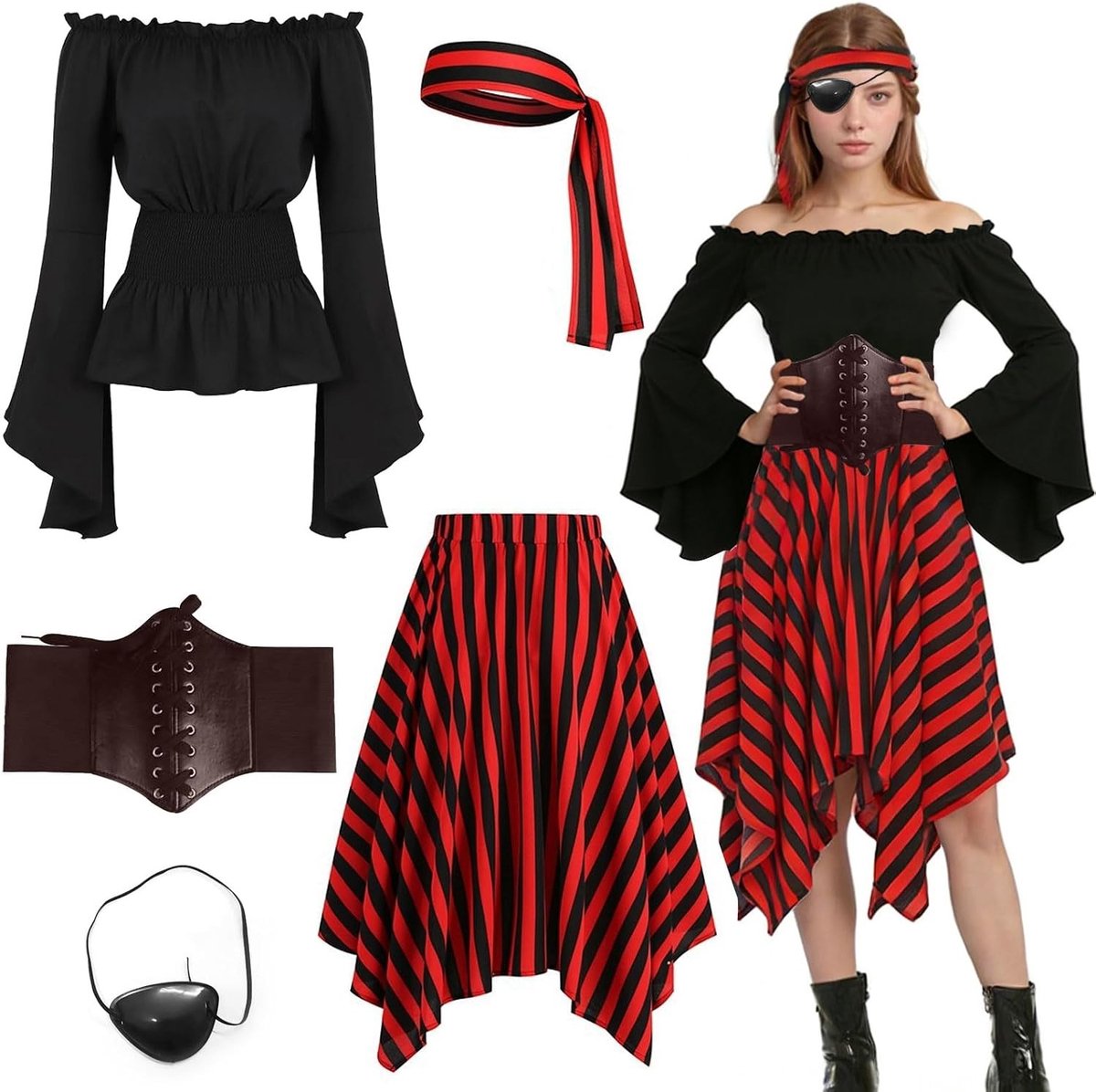 Piratenkostuum voor Dames - Middeleeuwse Piratenjurk Set met Top, Rok, Hoofddoek, Riem en Oogmasker voor Halloween en Carnaval Cosplay