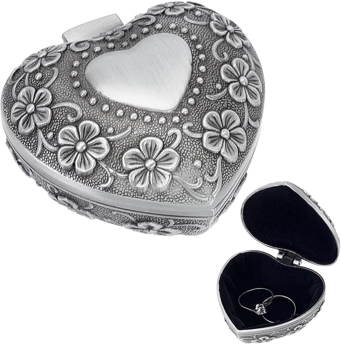 SnelShoppen - Vintage hartvormige juwelendoos, metalen geschenkdoos voor sieraden, ring, oorbellen, ketting, snuisterijen, 5,9 x 6 x 3,2 cm, romantisc
