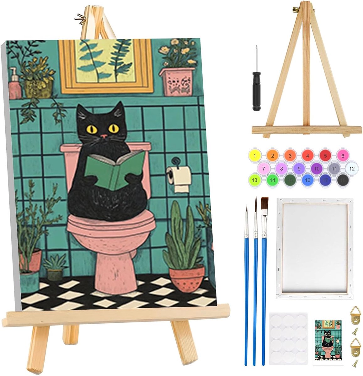 SnelShoppen - Verf op Nummer Set Volwassenen Kat met Houten Ezel - Schilderen op Nummer op Canvas - Doe-Het-Zelf Acryl Olieverfschilderij Kit voor Hui