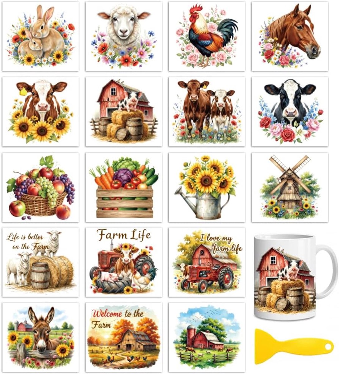 SnelShoppen - 18 Stuks Rub-On Transfers voor Creatief Klussen, Boerderij Stijl 9cm x 10cm Waterdichte Stickers voor Houten, Glazen Bekers en Mokken -