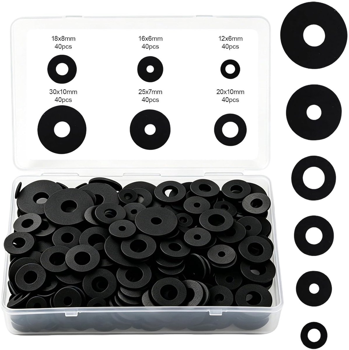 SnelShoppen - 240 Stuks Rubberen Sluitringen Assortiment, 6 Diameters (12 mm, 16 mm, 18 mm, 20 mm, 25 mm, 30 mm), Platte Sluitringen, Nylon Oppervlak,