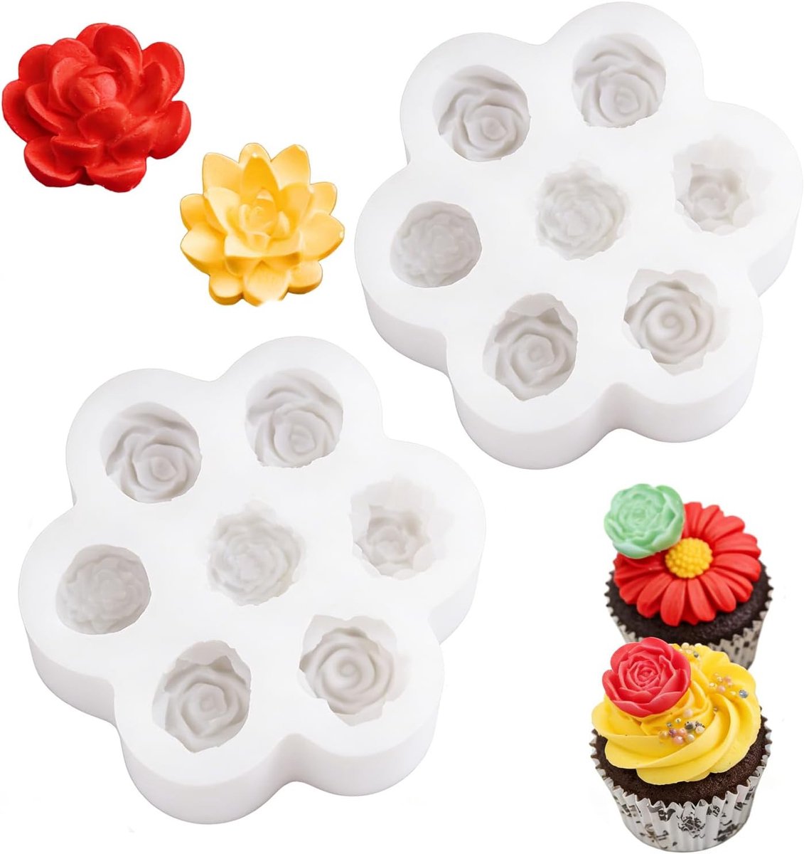 SnelShoppen - Set van 2 3D-siliconen vormen, 7-delige bloemenkaarsvorm, herbruikbaar, hittebestendig (-40°C tot +230°C), perfect voor fondant taarten,