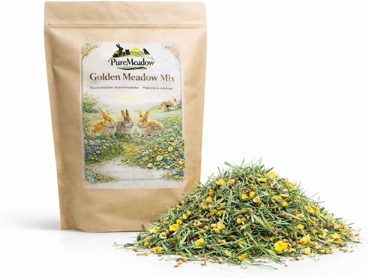 SnelShoppen - Golden Meadow Mix voor Konijnen, Voedzaam Konijnenvoer 1 kg met Weidehooi, Kruiden en Groenten, Gezonde Voeding voor Konijnen
