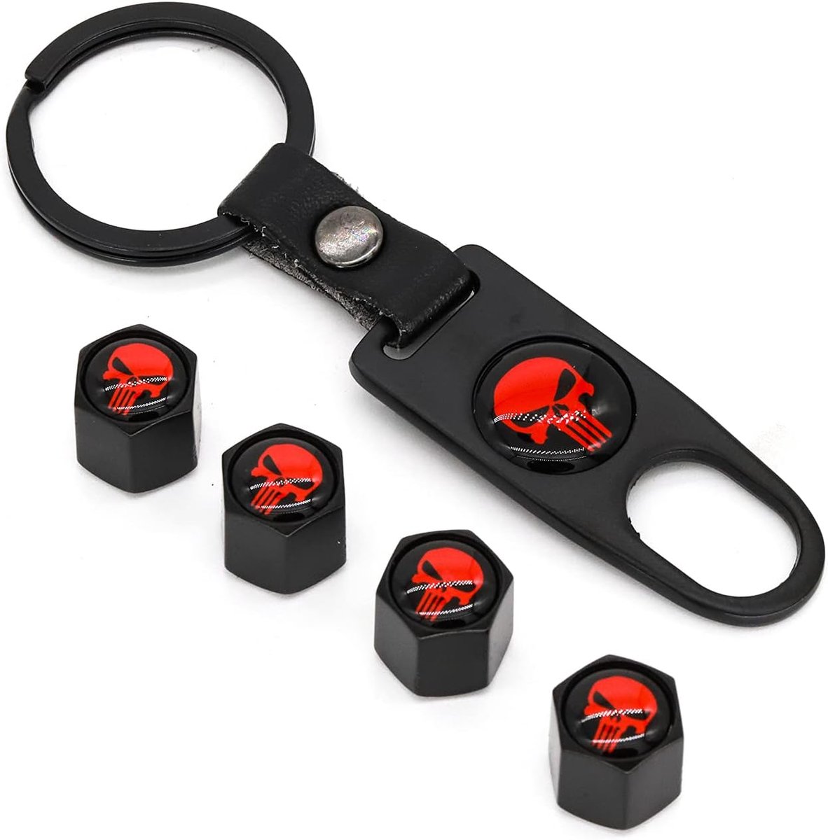 4-Piece Valve Cap with Skull Skeleton Sticker, Key Chain for Car, Bike, Motorcycle, Tyre, Car, Wheel, Dustproof Hood - ShopVlot