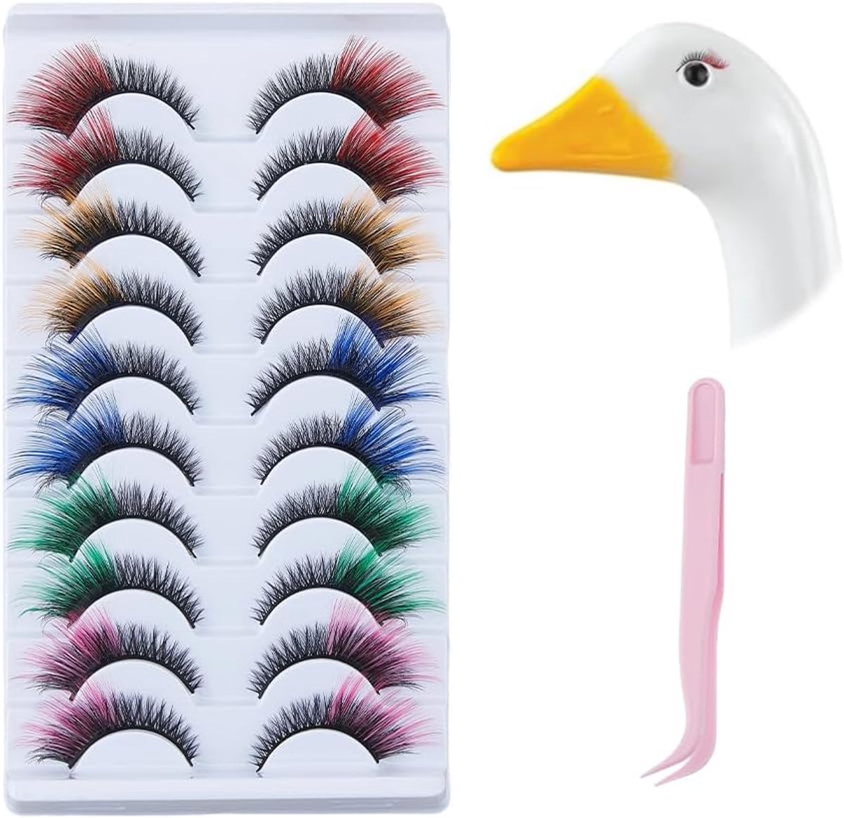 SnelShoppen - 10 Paar Veranda Gans-outfits Wimpers D Krullende Kleurrijke Vezels Kunstwimpers met 1 IJzeren Pincet voor Gans Sculptuur, Gazon, Patio,