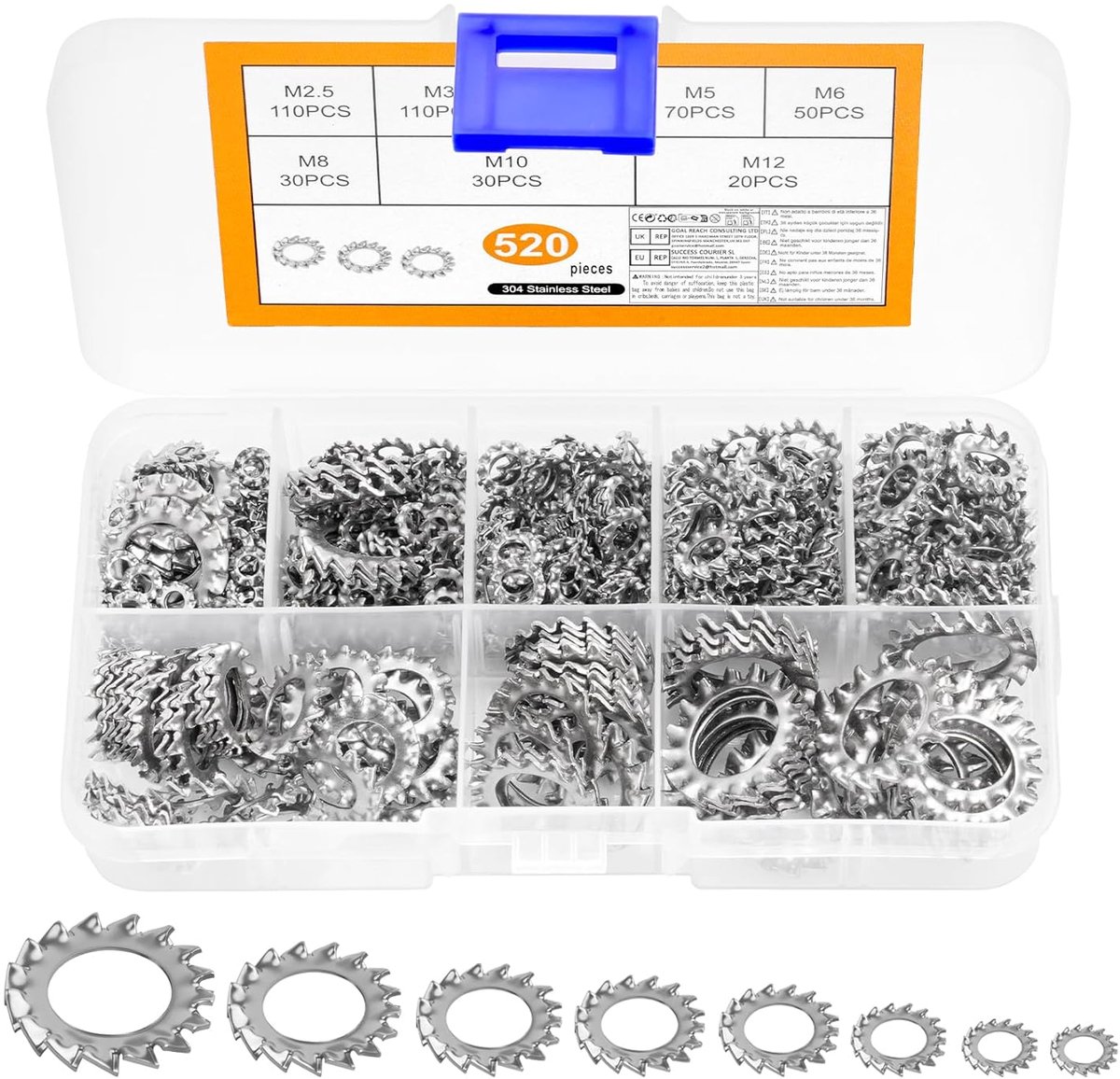 Lock Washers Set of 520 Pieces, Retaining Discs with Inner Tooth Clamping Discs Stainless Steel Washers Assortment Kit - ShopVlot