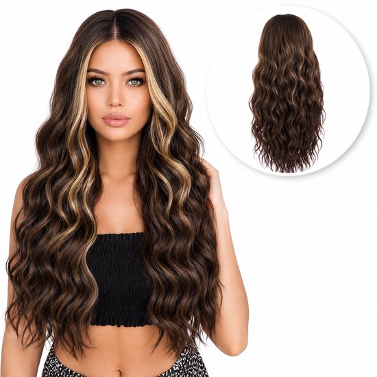 Lang golvend bruin haar met blonde highlights, gedragen door een vrouw.